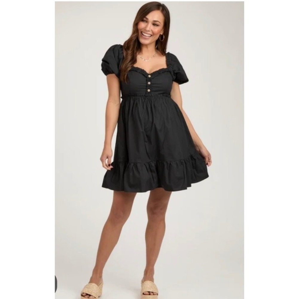 Day + Moon Black Puff Sleeve Babydoll Mini Dress Ruffle Sweetheart Neck Small